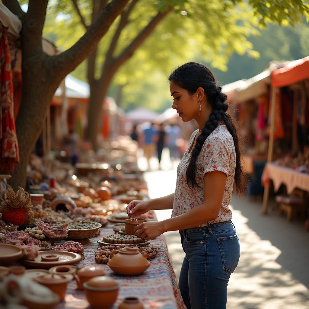 Artisan vendors with handmade goods at an outdoor fair in Argentina