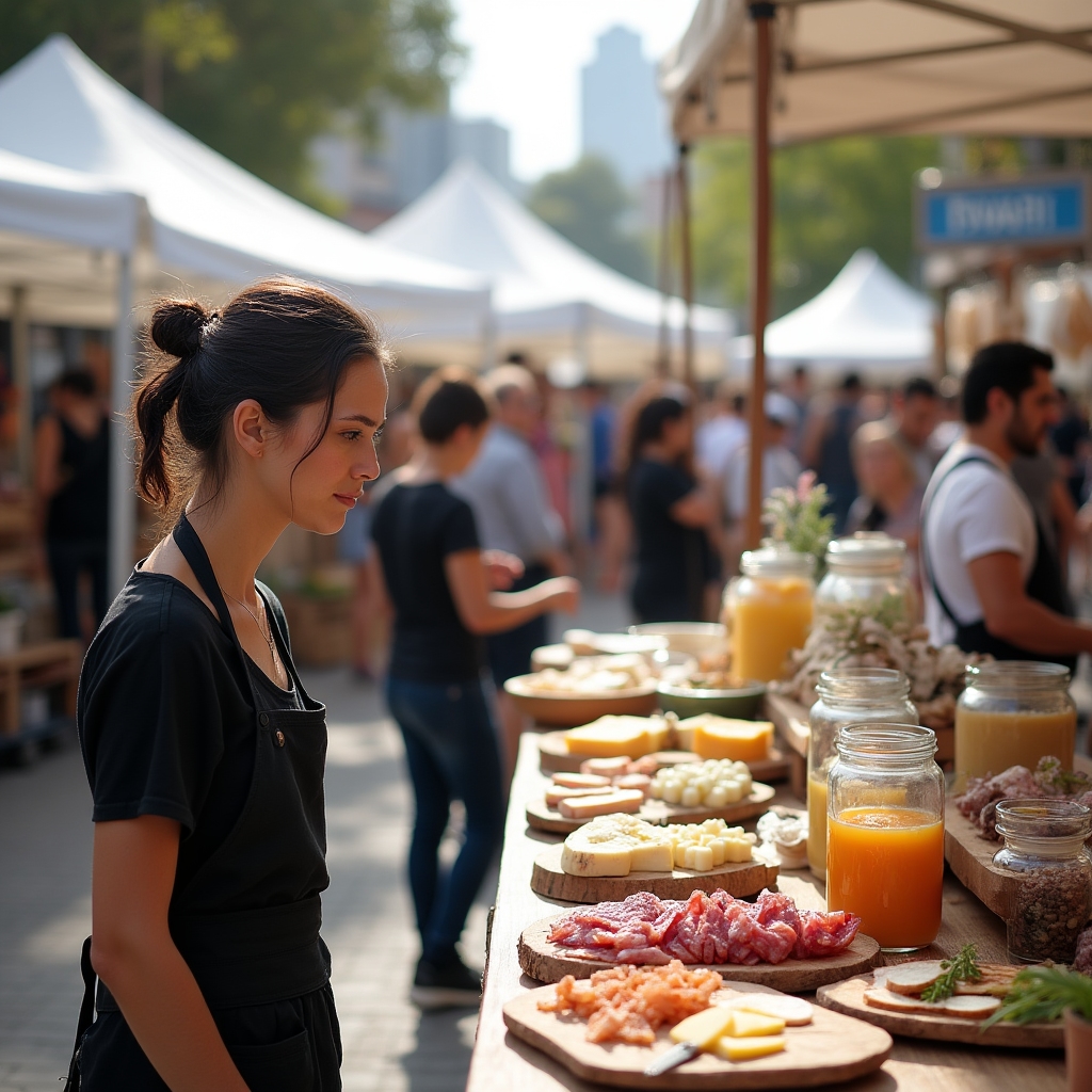 Modern design and food fair event with colorful stalls in an urban Argentine setting