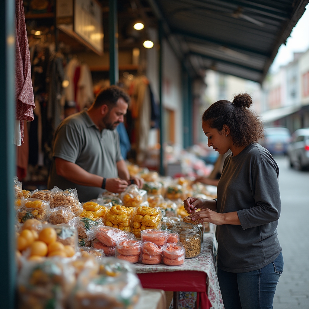 Vendors at a popular economy market with diverse products in Argentina